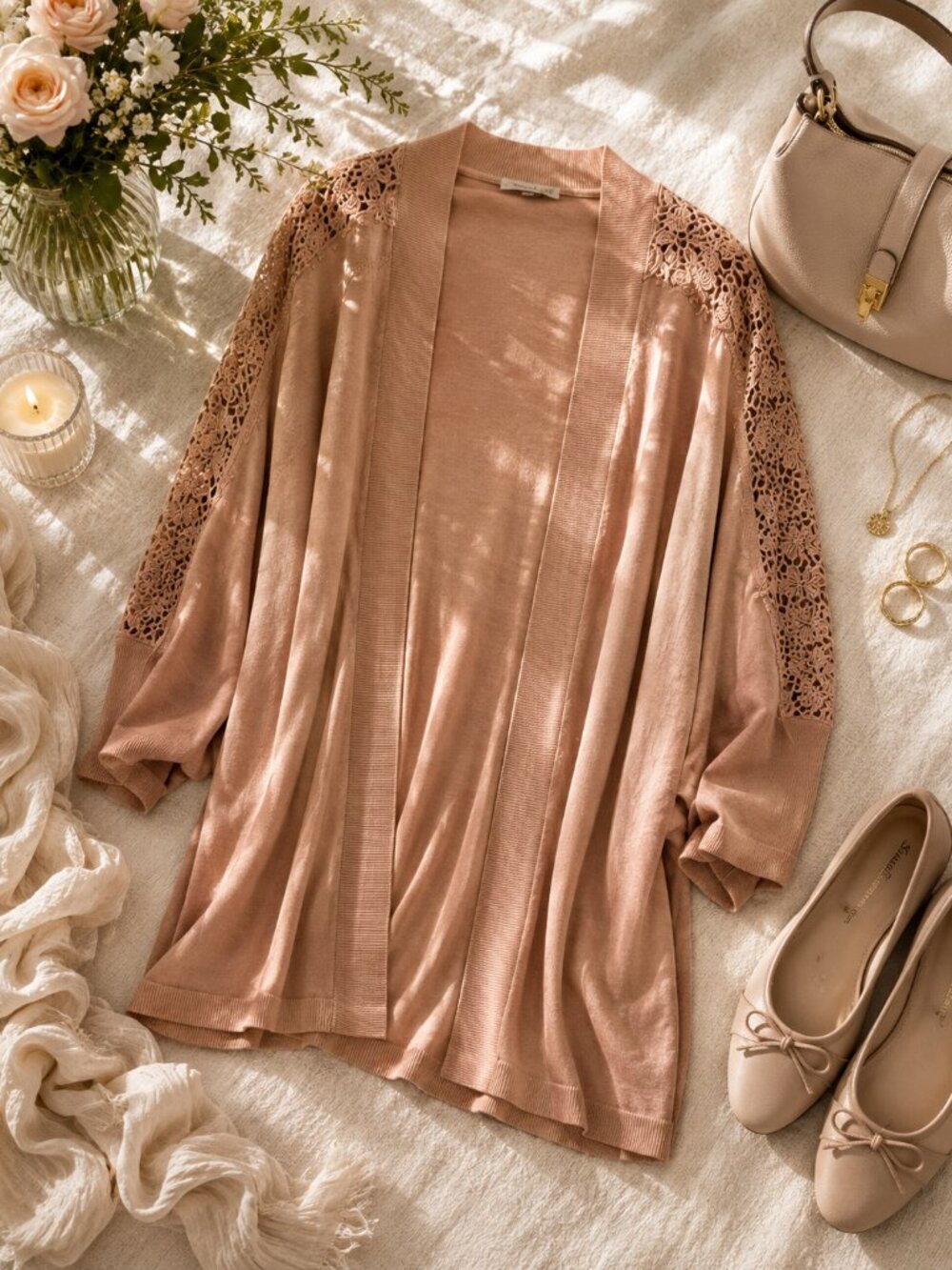 Cactus + Pearl Women XXL Blush Pink Long Cardigan Lace Rhinestone Sleeve